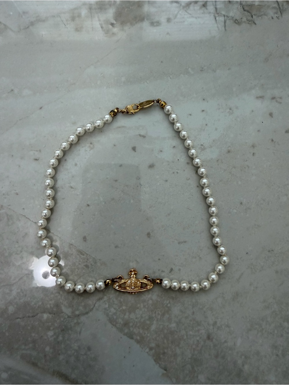 Pearl Beaded Choker Necklace with Gold Orb Charm